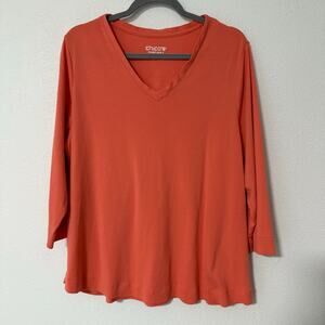 Chico's Women's 100%Pima Cotton Coral Orange V-Neck  Top Size 4